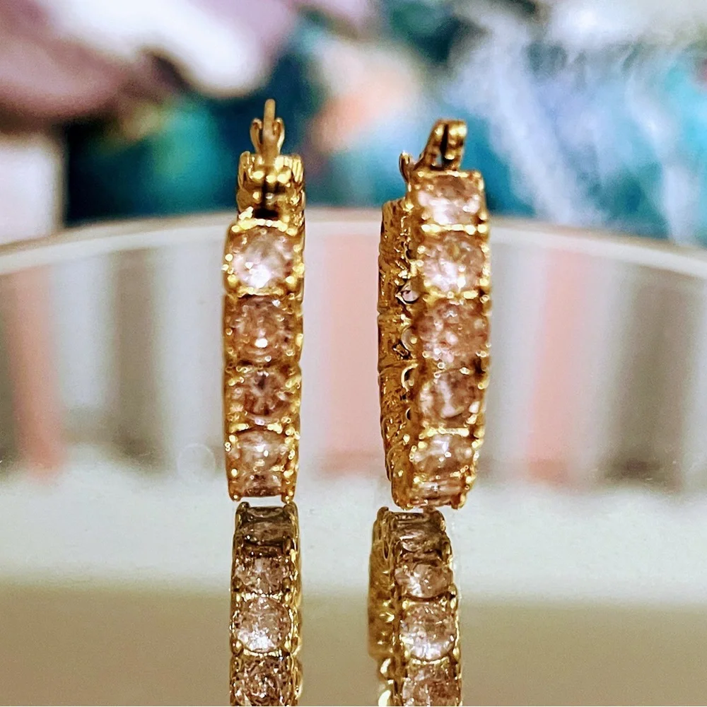 Vermeil Gold with Pink Stones Hoop Earrings - Picture 1 of 3